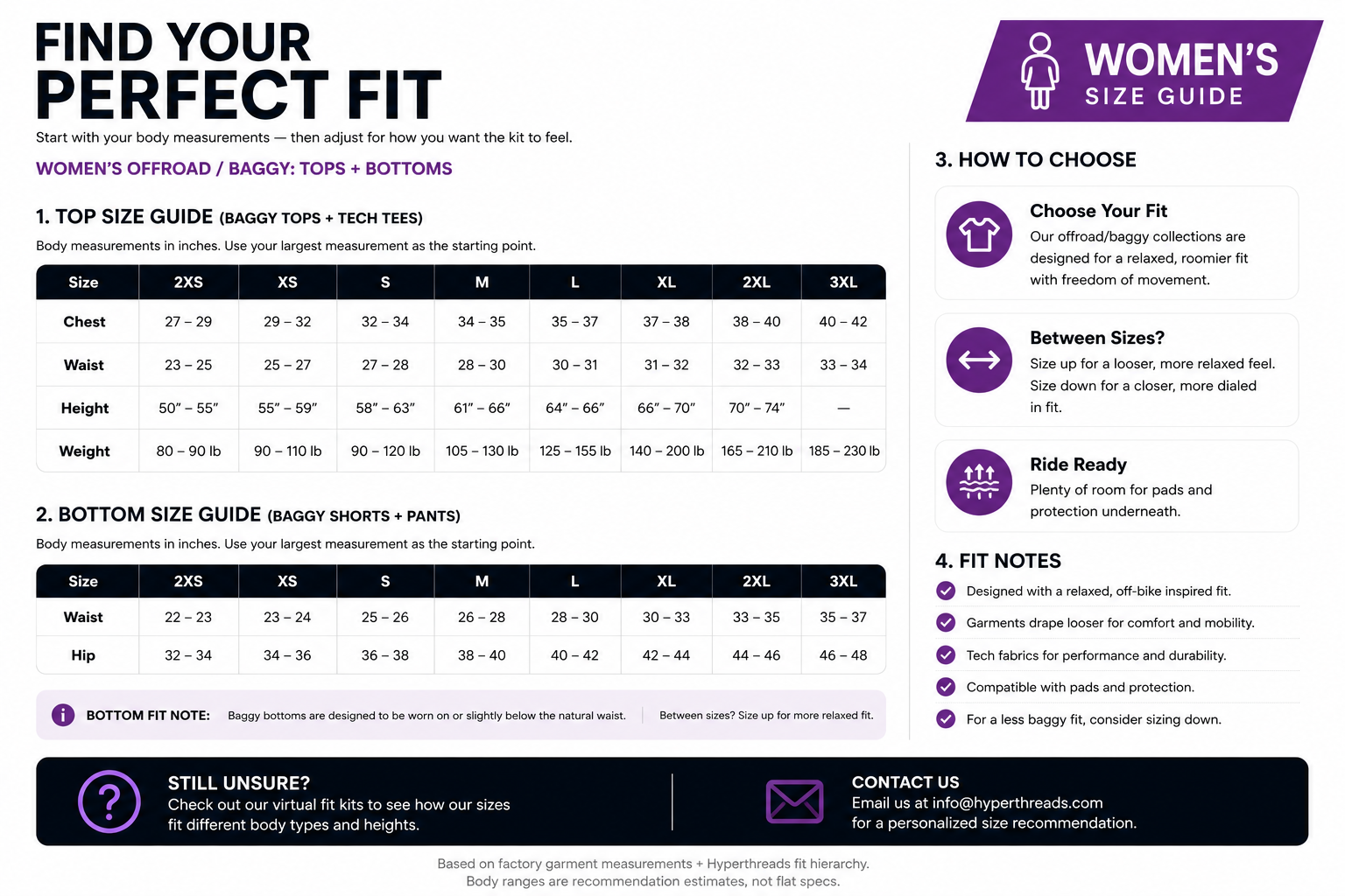 Women's Baggy size chart