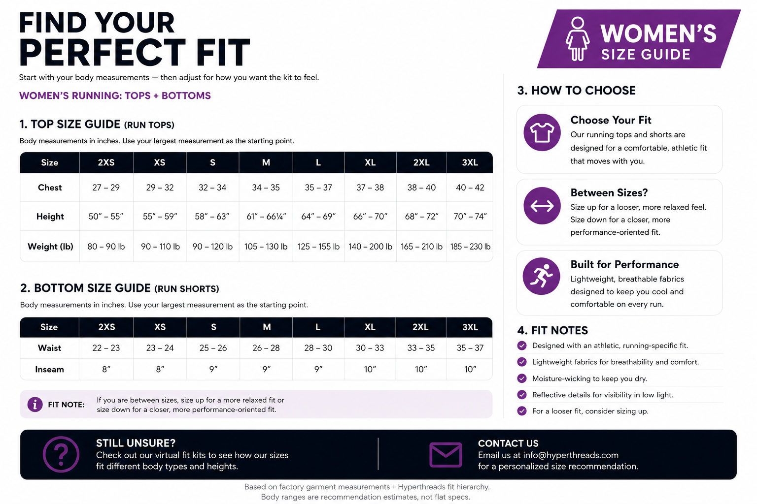 Women's Running size chart